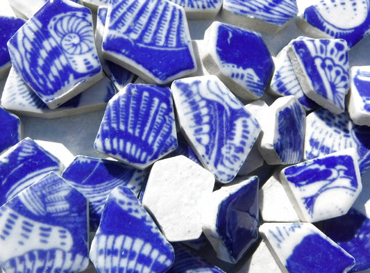 Blue and White Chunky Mosaic Tiles with Sea Shell Patterns - Half Pound