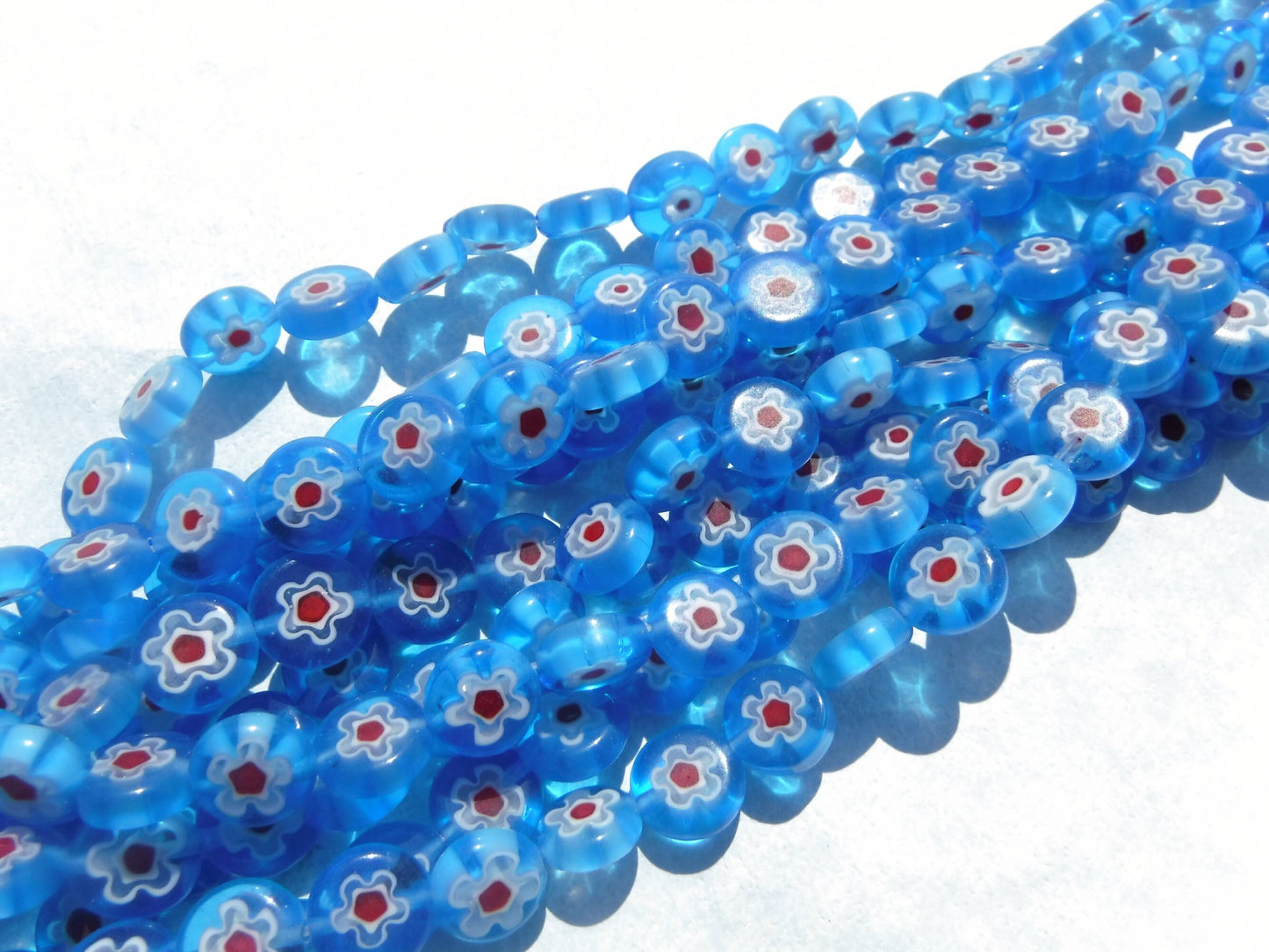 Blue and Red Millefiori Glass Beads - 10mm - Use in Mosaics - Supplies to Create Jewelry - White Flowers