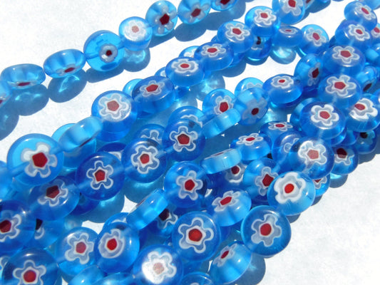 Blue and Red Millefiori Glass Beads - 10mm - Use in Mosaics - Supplies to Create Jewelry - White Flowers