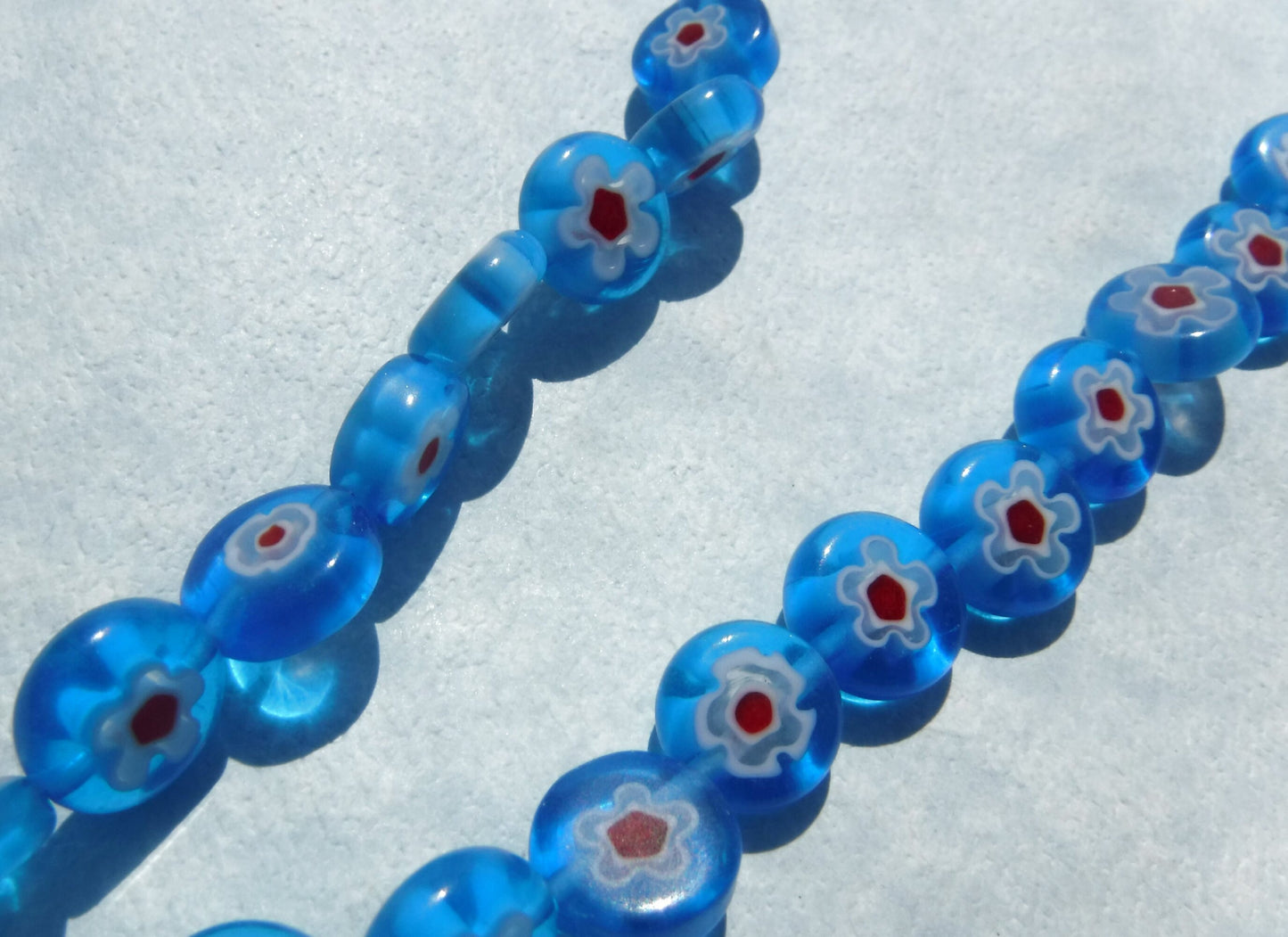 Blue and Red Millefiori Glass Beads - 10mm - Use in Mosaics - Supplies to Create Jewelry - White Flowers