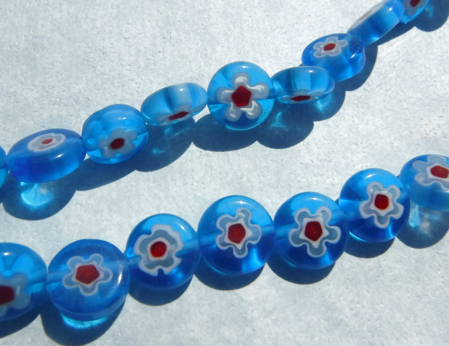 Blue and Red Millefiori Glass Beads - 10mm - Use in Mosaics - Supplies to Create Jewelry - White Flowers