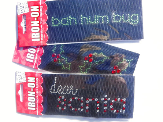 Holiday Rhinestone Iron Ons - Dear Santa - bah hum bug - Holly Leaves - DIY