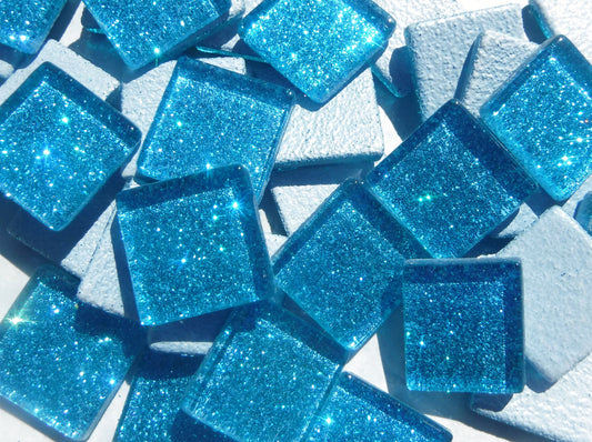 Sky Blue Glitter Tiles - 20mm Mosaic Tiles - 25 Metallic Glass Tiles in Medium Blue