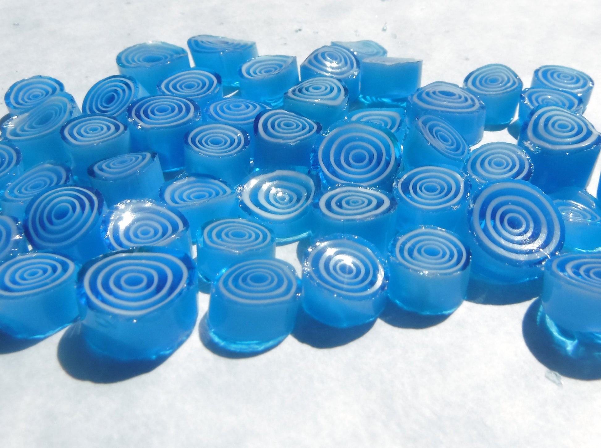 Blue with White Circles Millefiori - 25 grams - Unique Mosaic Glass Tiles