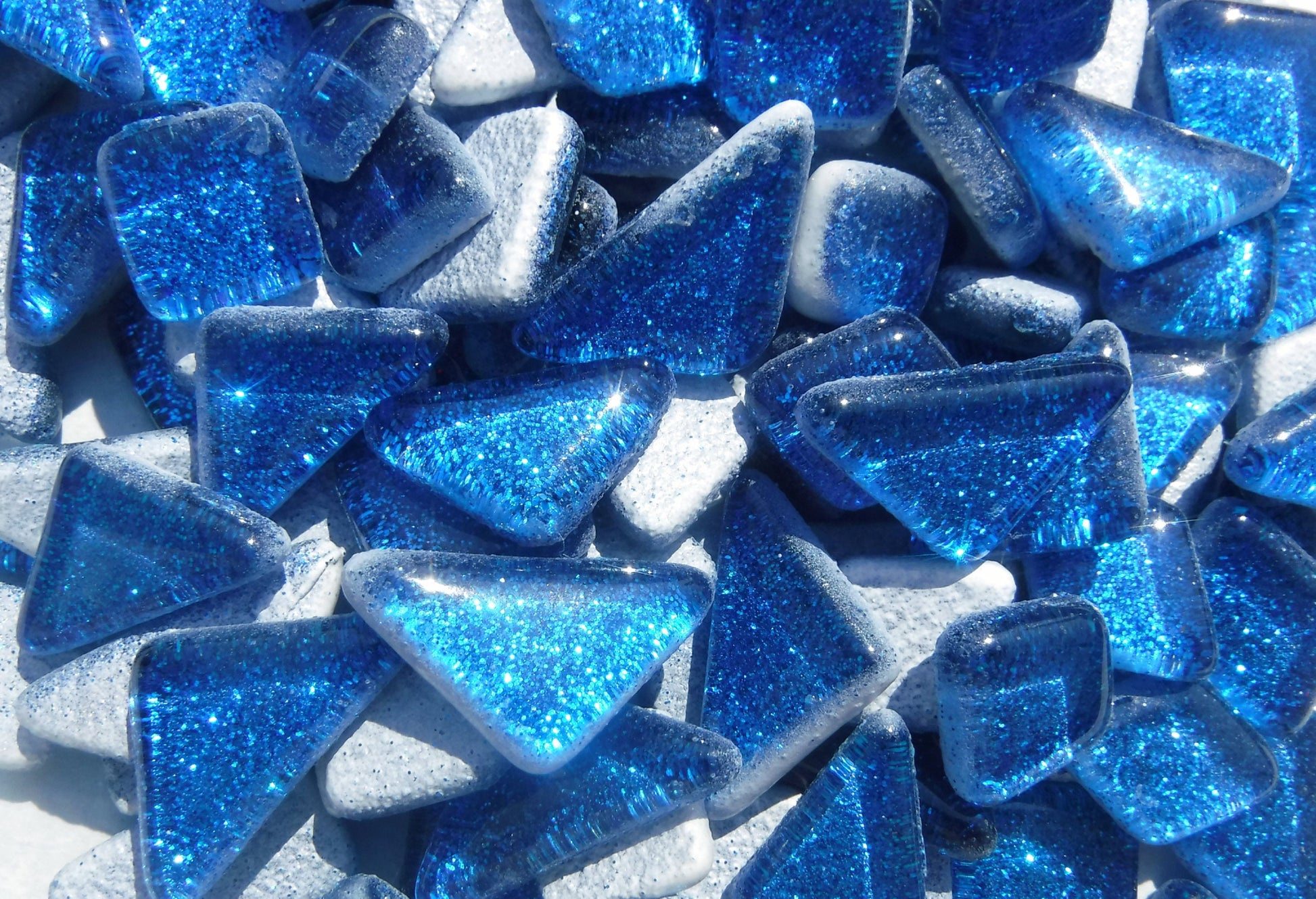 Blue Glitter Puzzle Tiles - 100 grams in Assorted Shapes Glass Mosaic Tiles in Medium Blue