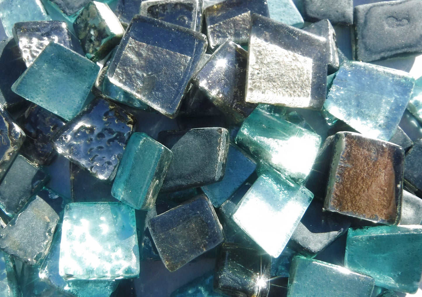 Teal and Silver Glass Tiles - Metallic Foil - Assorted Shapes - 50 grams Mosaic Tiles - Titania Frost