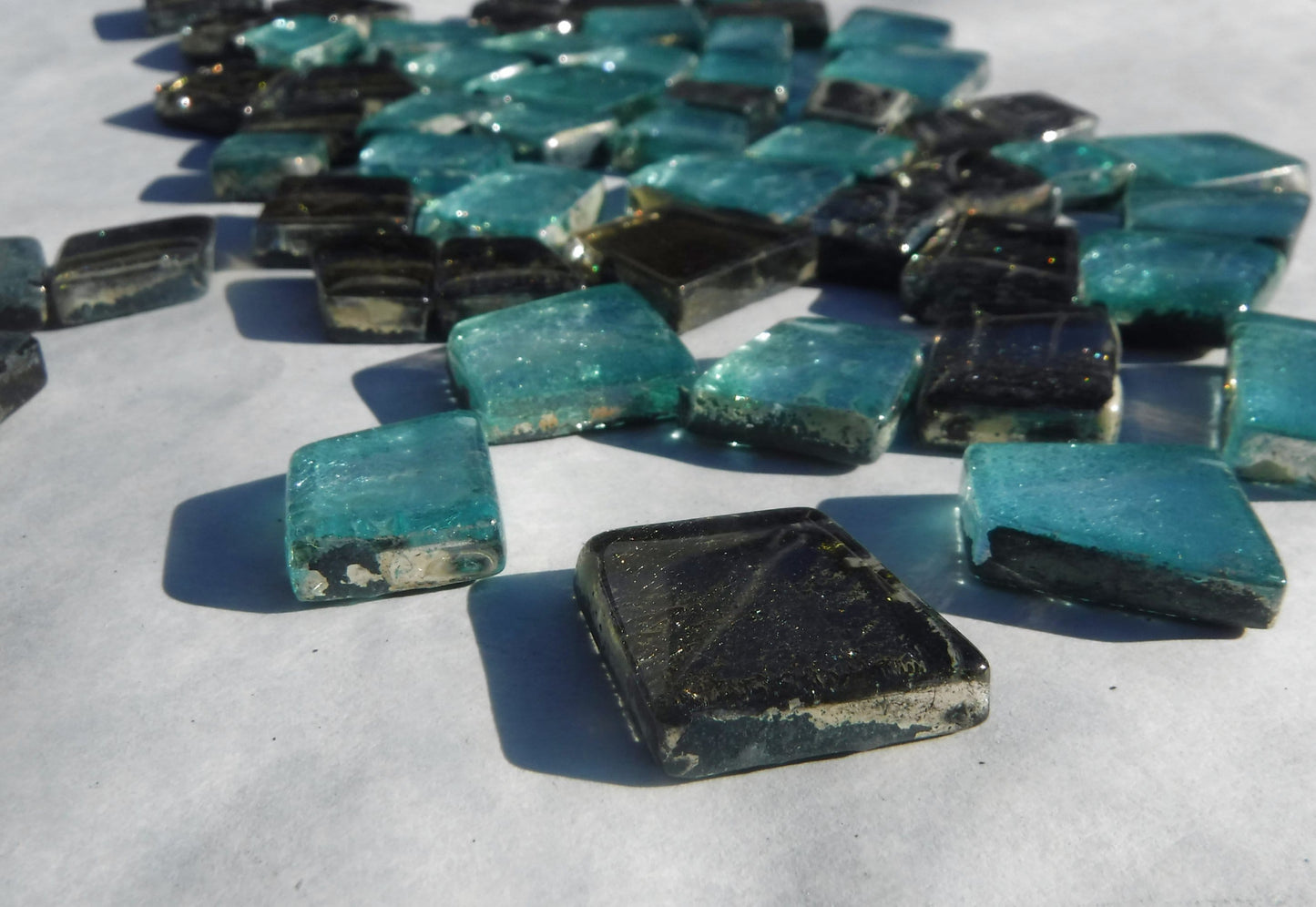 Teal and Silver Glass Tiles - Metallic Foil - Assorted Shapes - 50 grams Mosaic Tiles - Titania Frost
