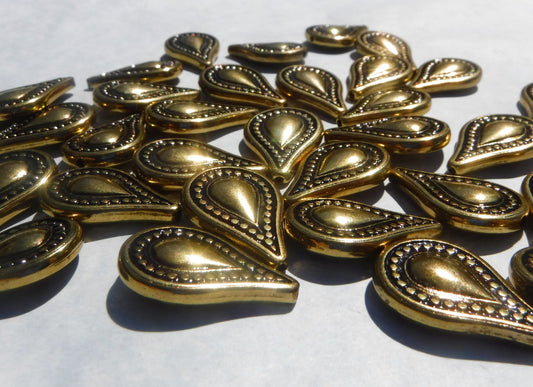 Large Metallic Tear Drop Beads - Gold-Toned 25mm Detailed Beads