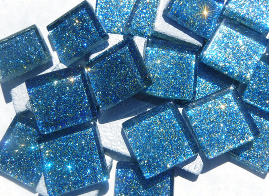 Blue and Gold Glitter Tiles - 20mm Mosaic Tiles - 25 Metallic Glass Tiles