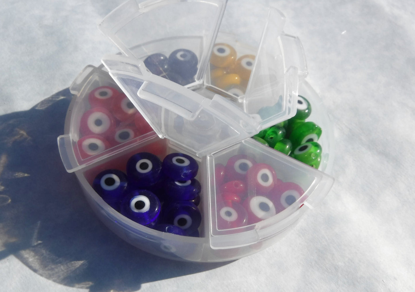 Evil Eye Glass Beads in Reusable Plastic Box - 10mm Use in Mosaics - Supplies to Create Glass Jewelry Round Flat Beads Multicolor