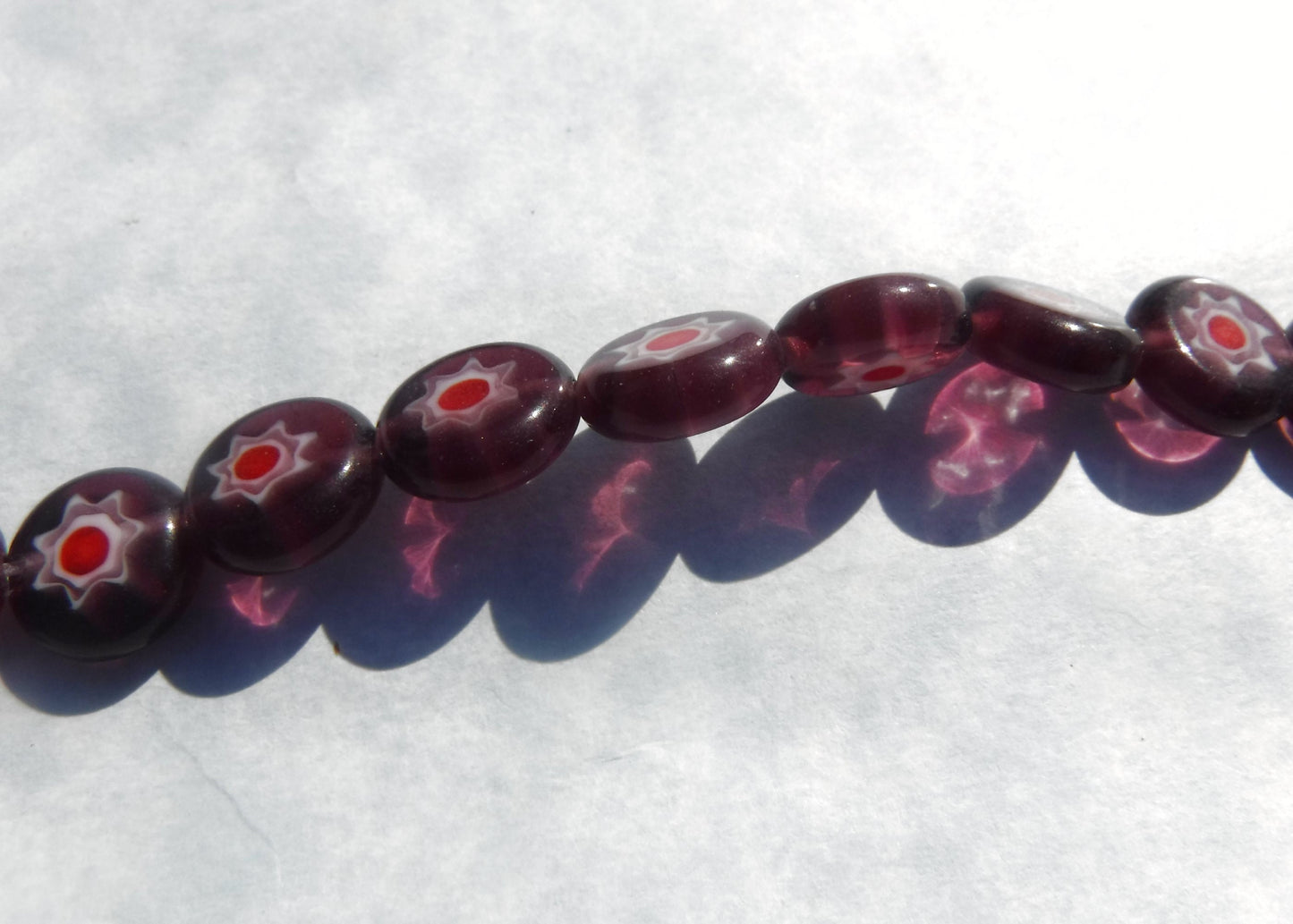 Purple and Red Millefiori Glass Beads - 10mm - Use in Mosaics and Jewelry Making - White Flowers