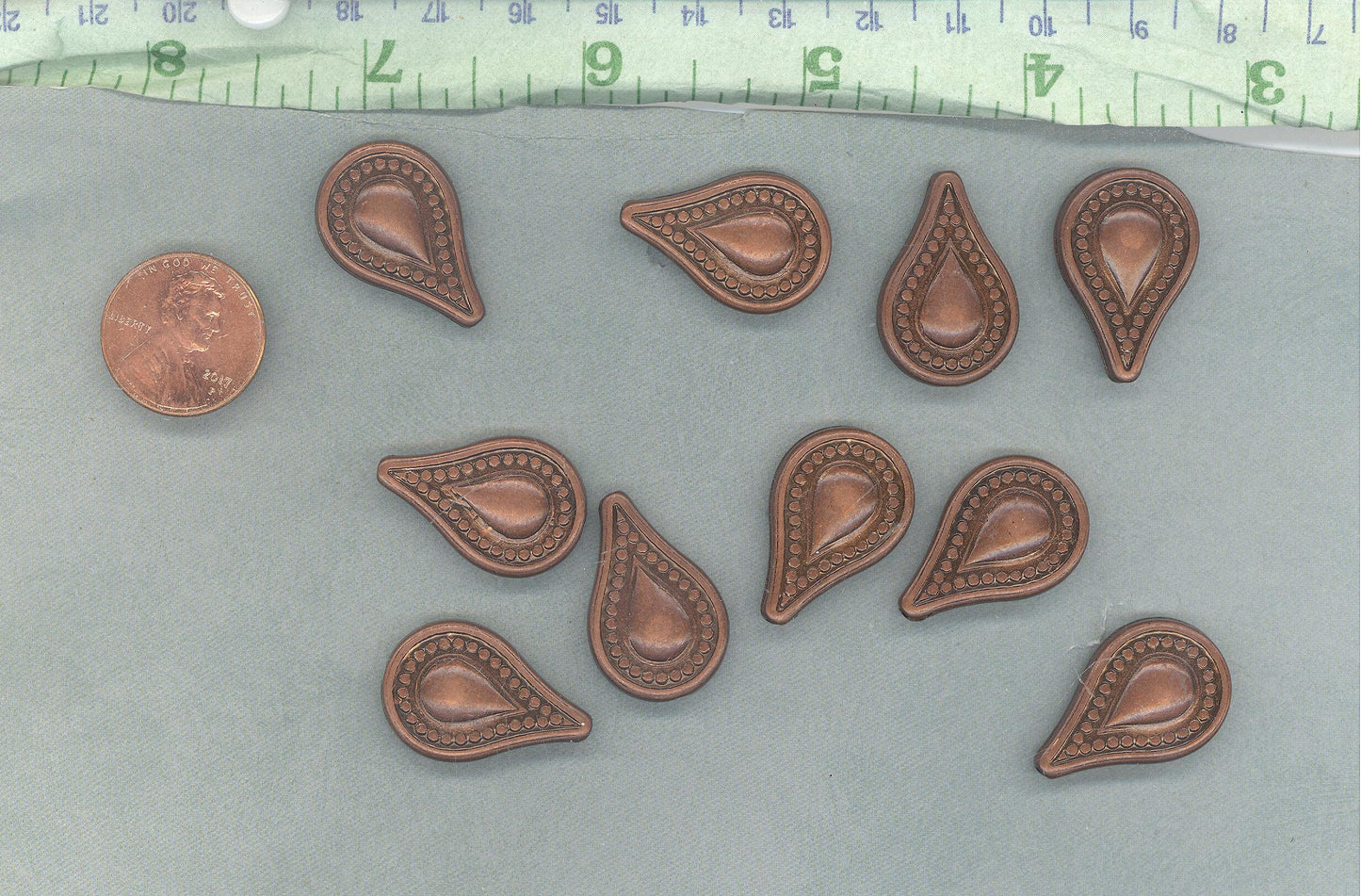 Large Metallic Tear Drop Beads - Dark Copper-Toned 25mm Detailed Beads