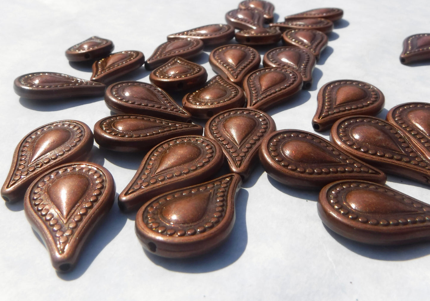 Large Metallic Tear Drop Beads - Dark Copper-Toned 25mm Detailed Beads