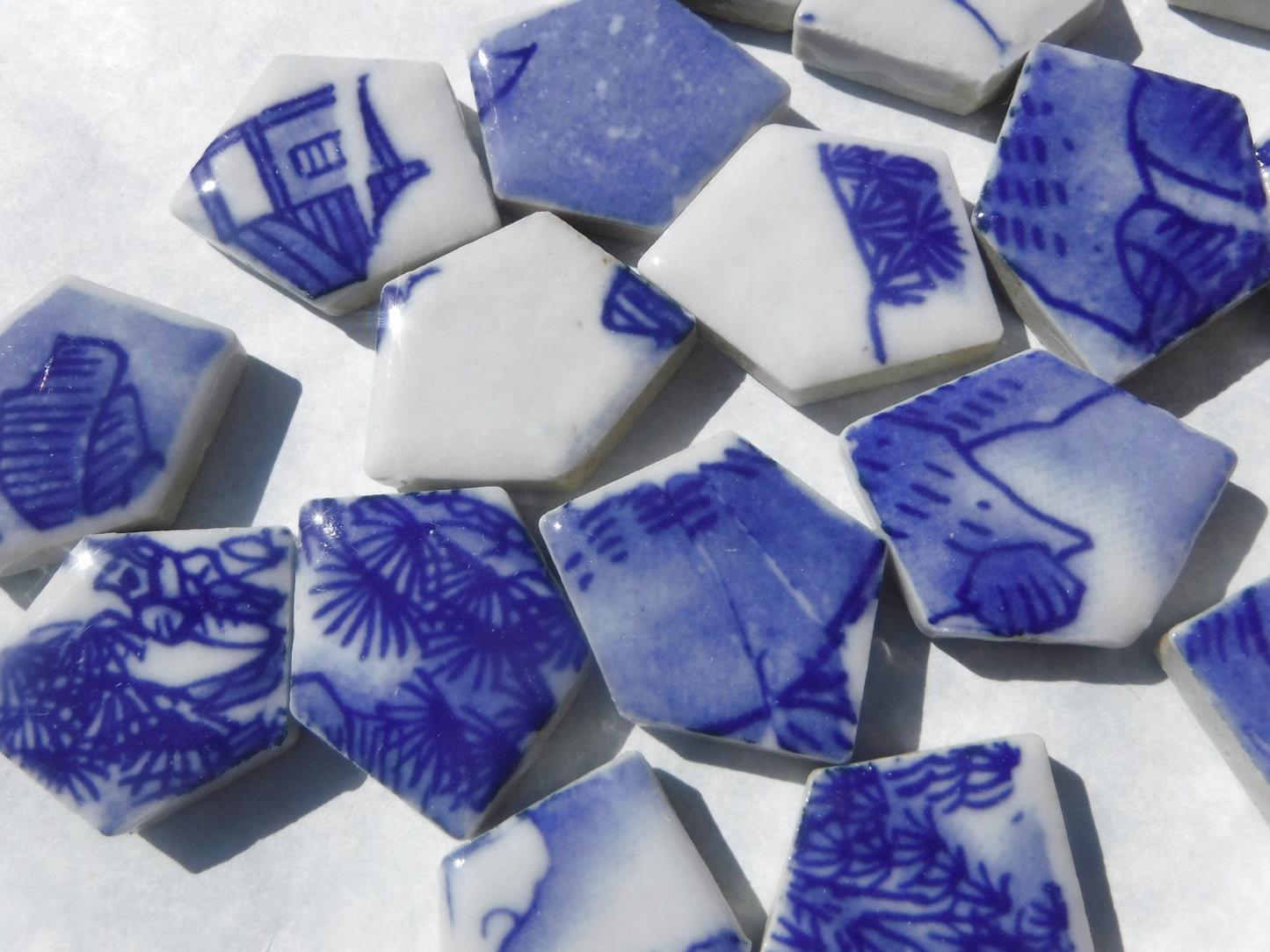 Blue and White Chunky Mosaic Tiles with Vintage Village Patterns - Half Pound