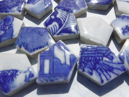 Blue and White Chunky Mosaic Tiles with Vintage Village Patterns - Half Pound