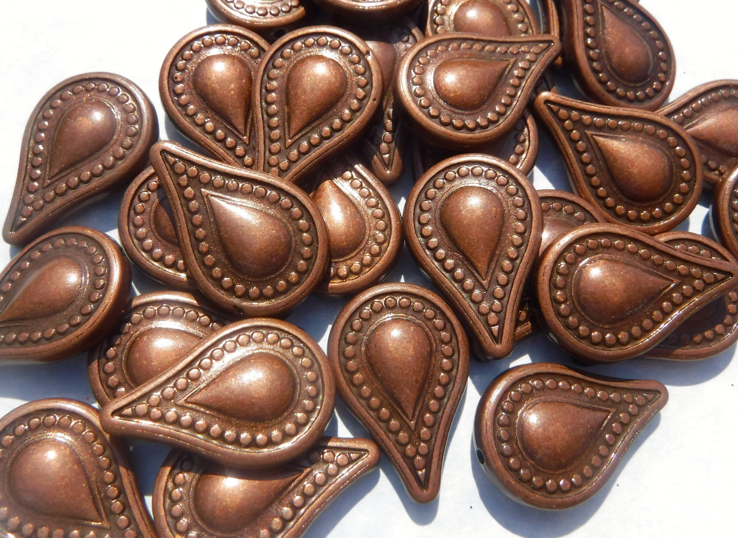 Large Metallic Tear Drop Beads - Dark Copper-Toned 25mm Detailed Beads