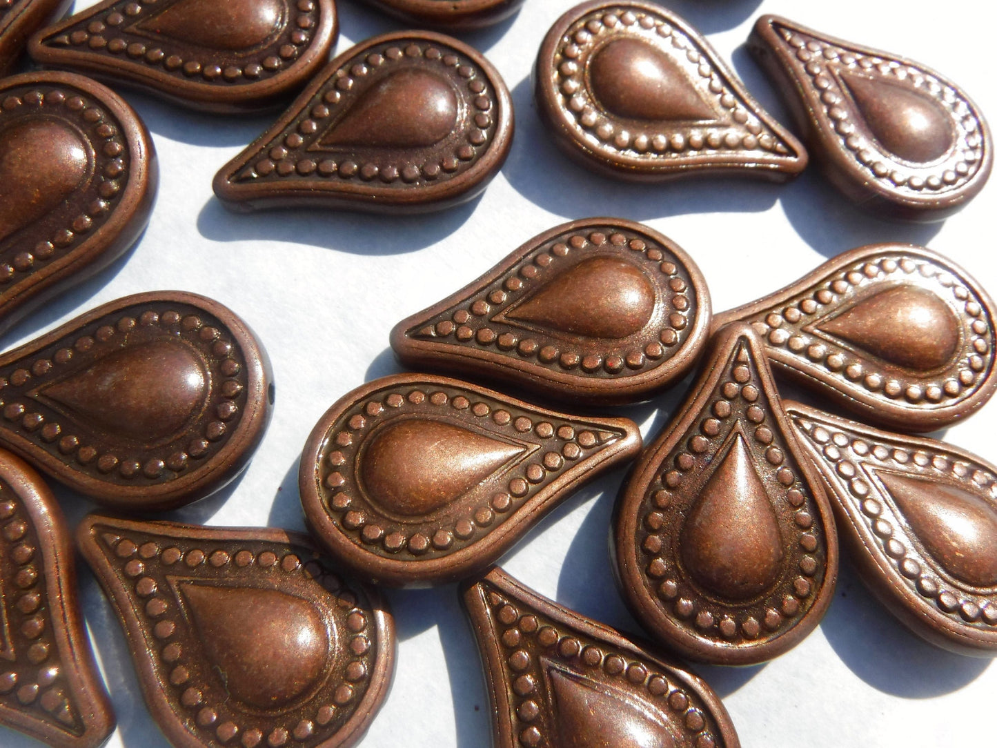 Large Metallic Tear Drop Beads - Dark Copper-Toned 25mm Detailed Beads