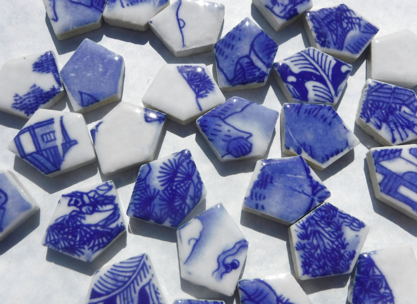 Blue and White Chunky Mosaic Tiles with Vintage Village Patterns - Half Pound