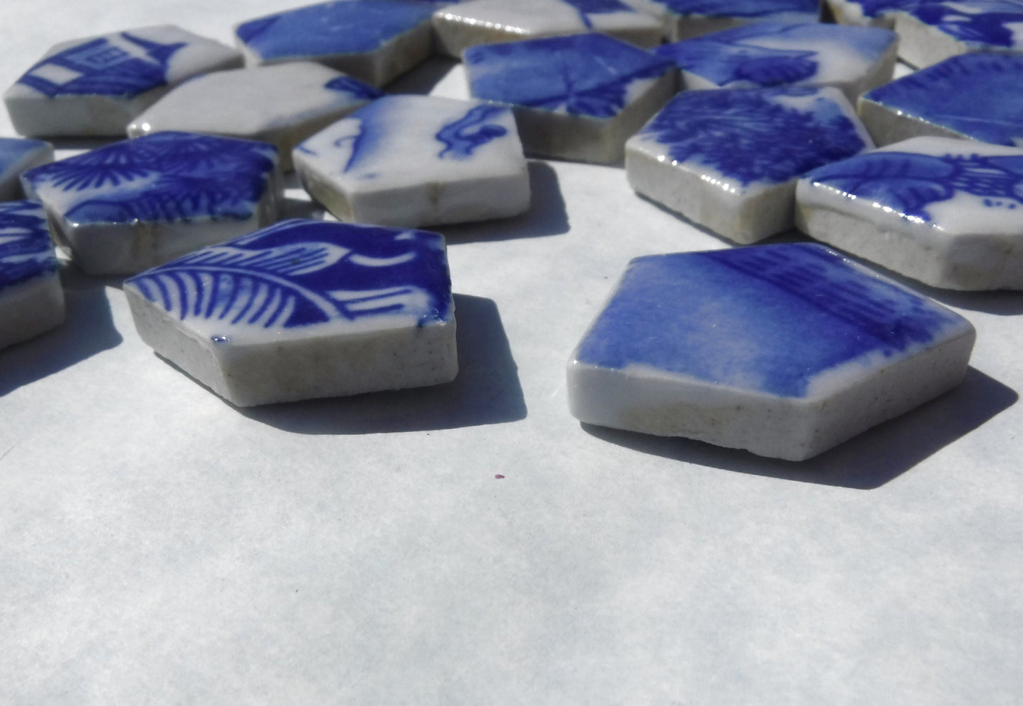 Blue and White Chunky Mosaic Tiles with Vintage Village Patterns - Half Pound