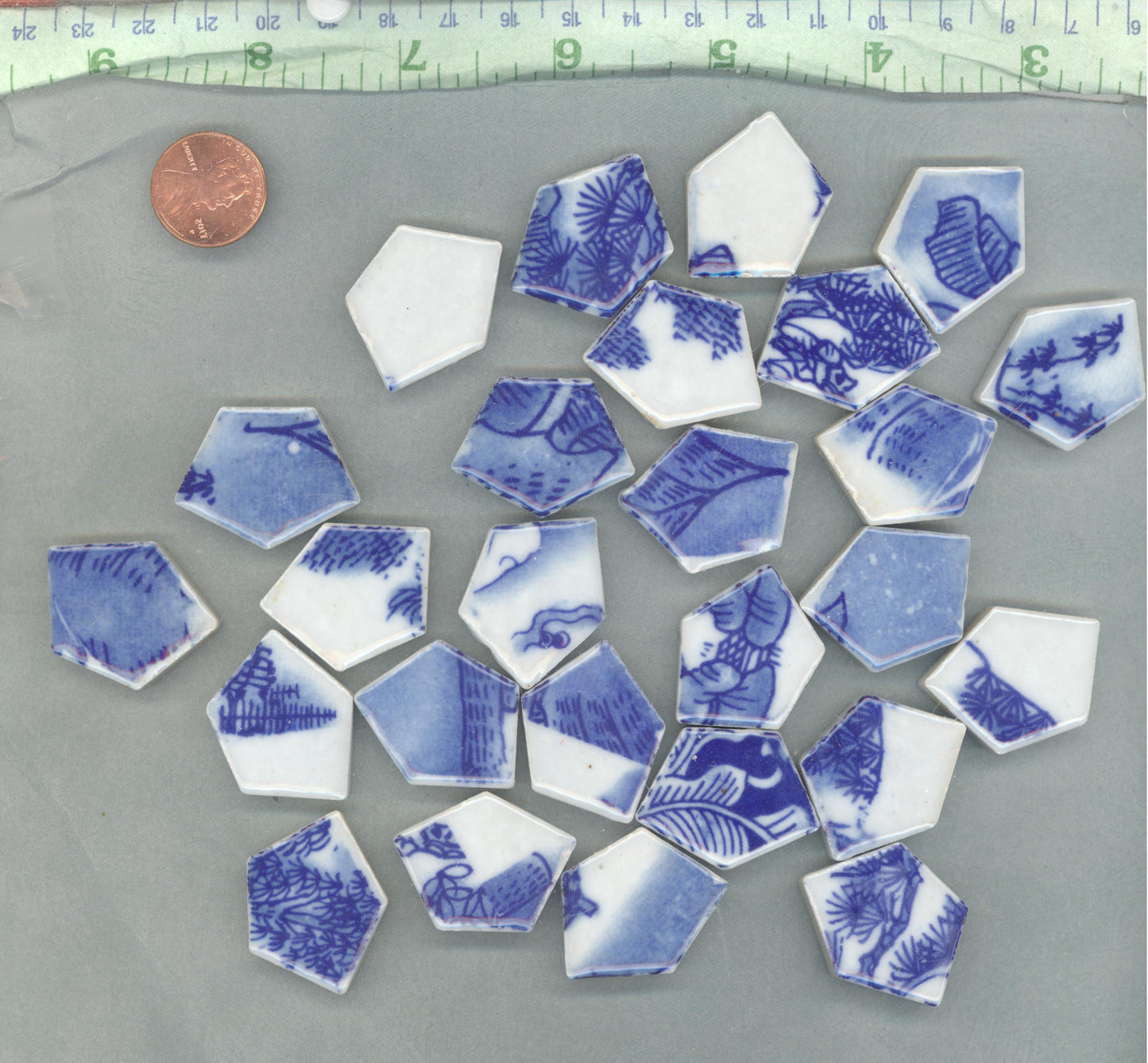 Blue and White Chunky Mosaic Tiles with Vintage Village Patterns - Half Pound