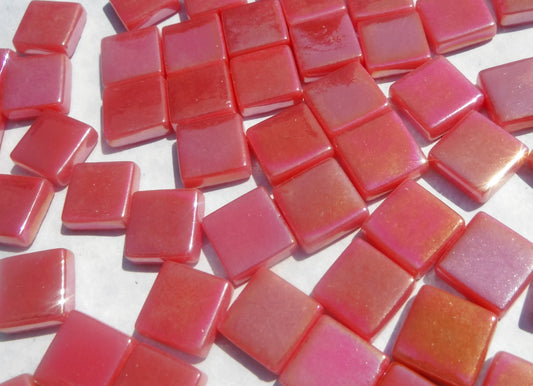 Watermelon Red Iridescent Glass Square Mosaic Tiles - 12mm - Opaque Glass Solid Color - 50g of Squares - Approx 35 Tiles