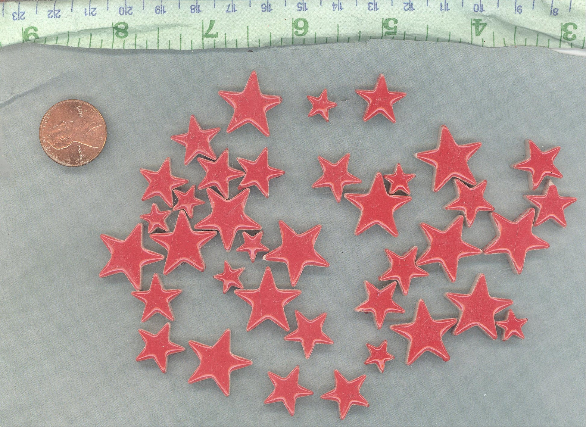 Red Stars Mosaic Tiles - 50g Ceramic in Mix of 3 Sizes - 20mm, 15mm, 10mm - Poppy Red