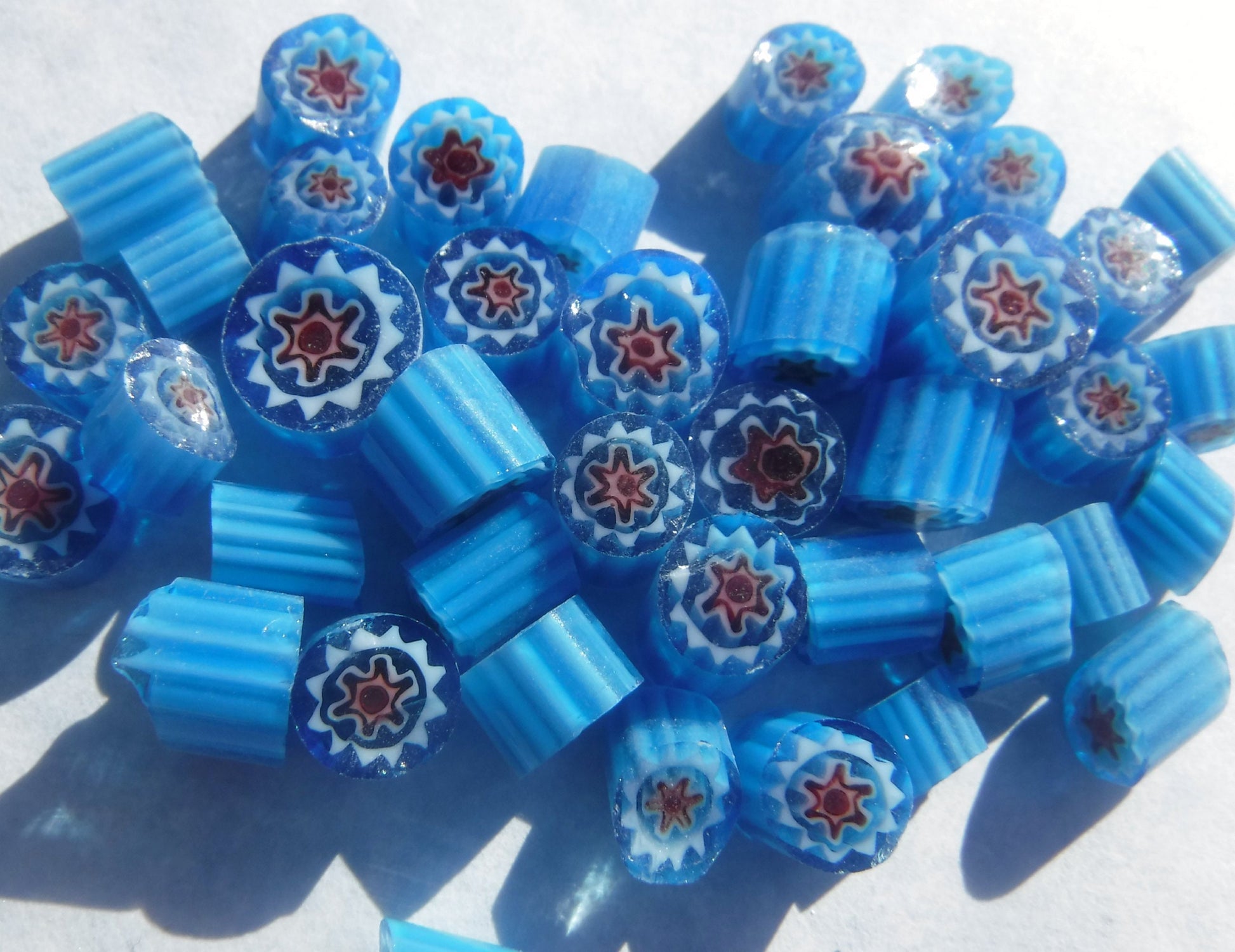 Blue with Red Millefiori - 25 grams - Unique Mosaic Glass Tiles