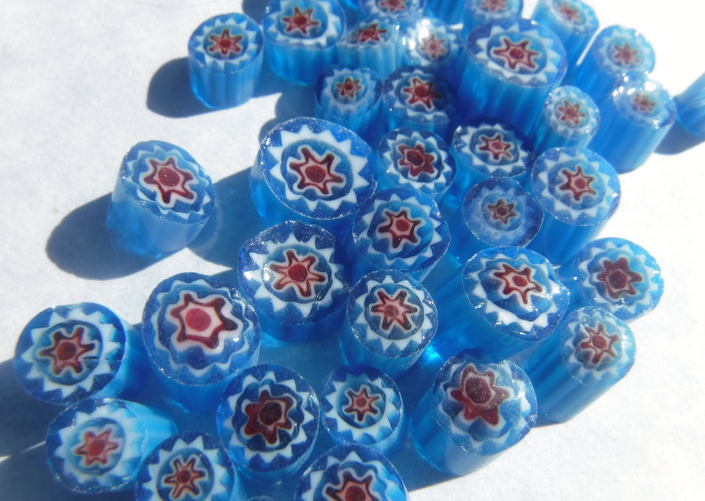 Blue with Red Millefiori - 25 grams - Unique Mosaic Glass Tiles