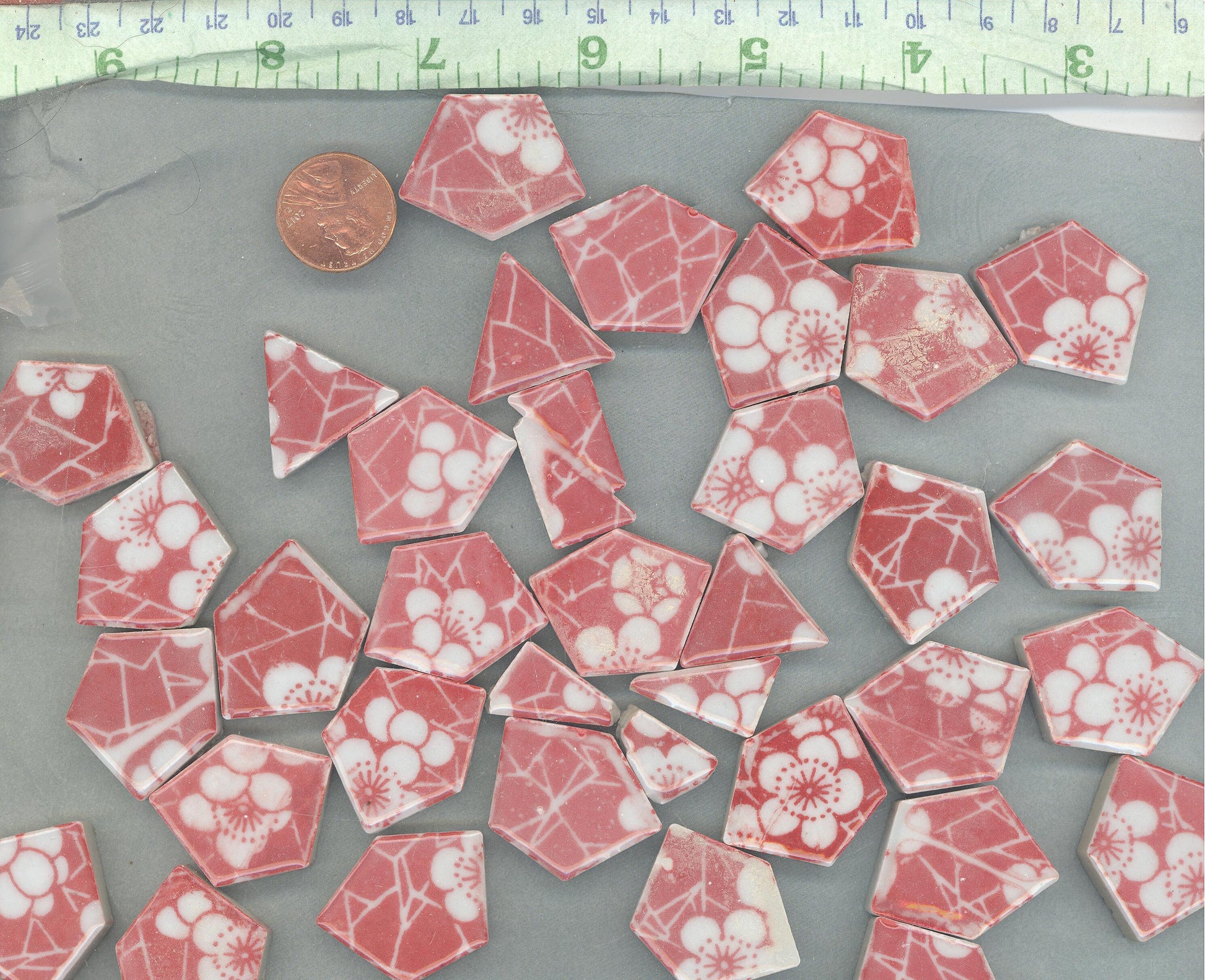 Red with White Flowers - Chunky Mosaic Tiles in Assorted Puzzle Sizes - Half Pound