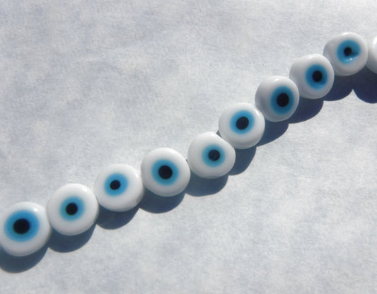 White with Blue Evil Eye Glass Beads - Small 8mm - Use in Mosaics - Supplies to Create Glass Jewelry Round Flat Beads