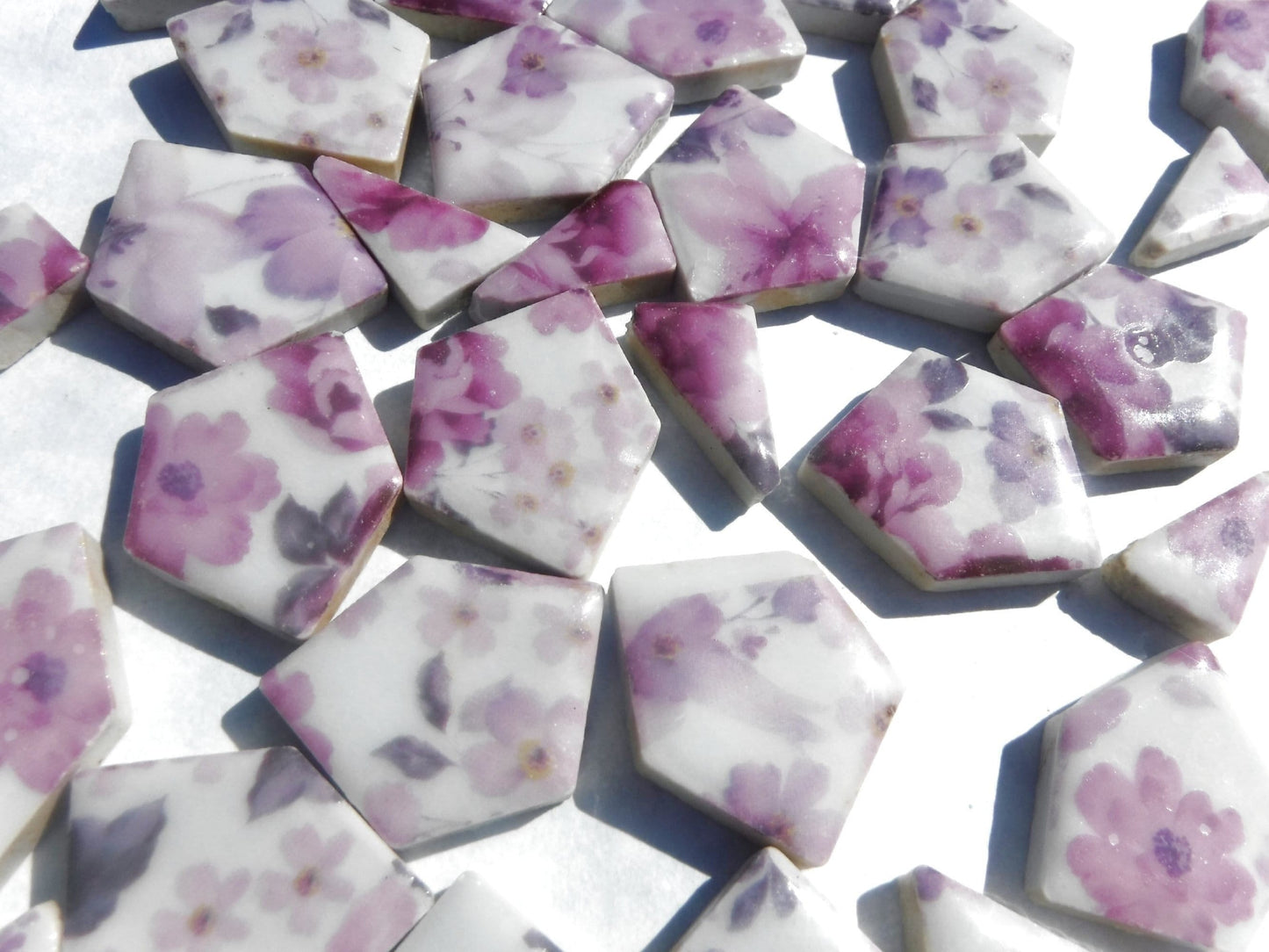 Pink and Purple Floral Chunky Mosaic Tiles in Assorted Puzzle Sizes - Half Pound