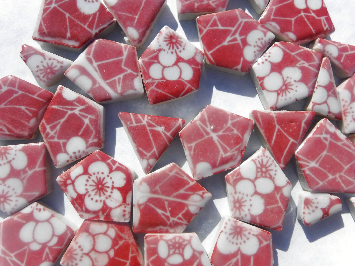 Red with White Flowers - Chunky Mosaic Tiles in Assorted Puzzle Sizes - Half Pound