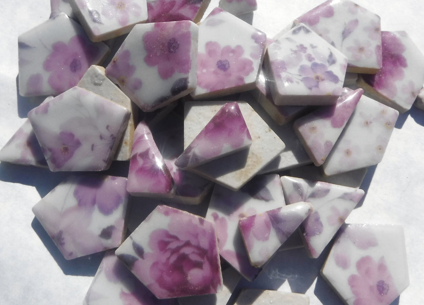 Pink and Purple Floral Chunky Mosaic Tiles in Assorted Puzzle Sizes - Half Pound