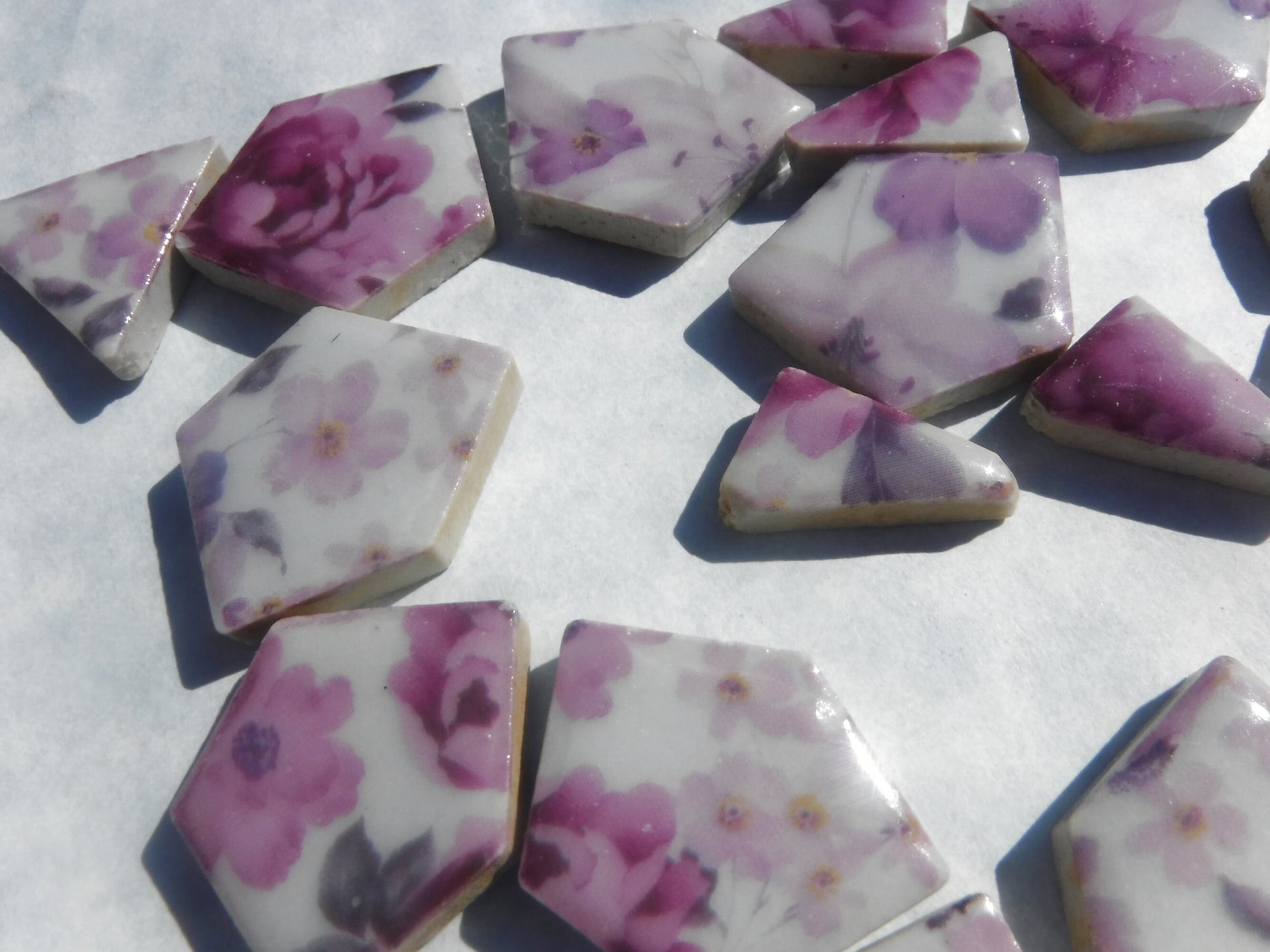Pink and Purple Floral Chunky Mosaic Tiles in Assorted Puzzle Sizes - Half Pound