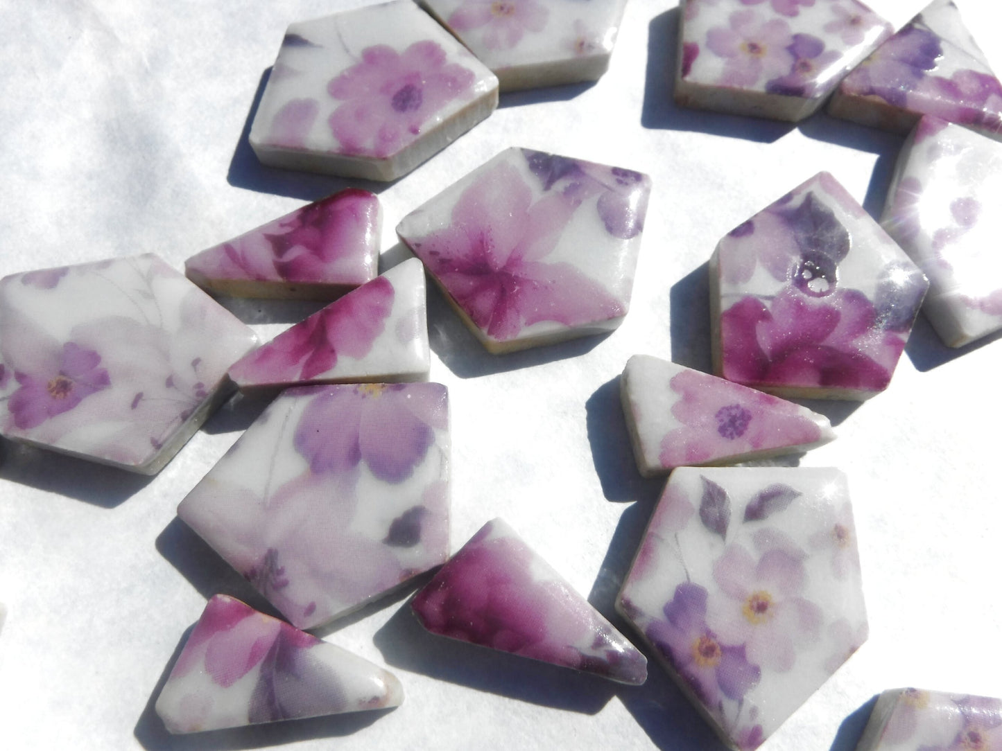 Pink and Purple Floral Chunky Mosaic Tiles in Assorted Puzzle Sizes - Half Pound