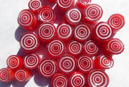 Red with White Circles Millefiori - 25 grams - Unique Mosaic Glass Tiles