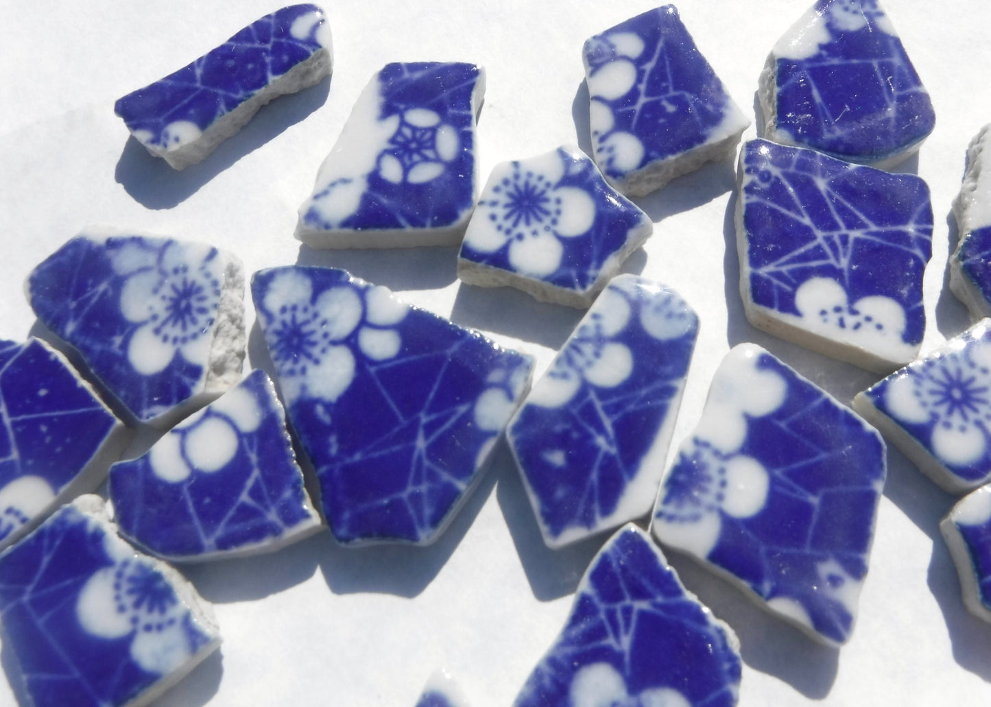 White Flowers on Deep Blue Chunky Floral Mosaic Tiles - Half Pound