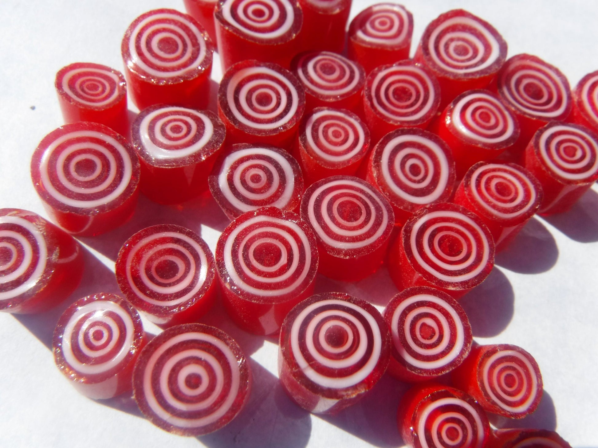 Red with White Circles Millefiori - 25 grams - Unique Mosaic Glass Tiles