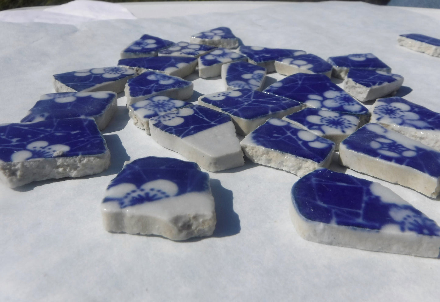 White Flowers on Deep Blue Chunky Floral Mosaic Tiles - Half Pound