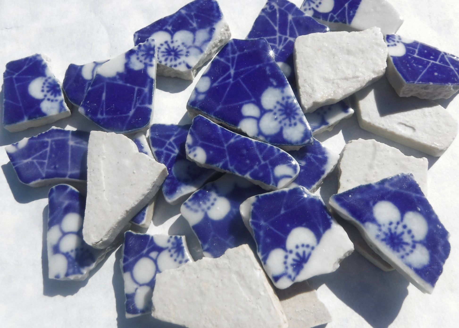 White Flowers on Deep Blue Chunky Floral Mosaic Tiles - Half Pound