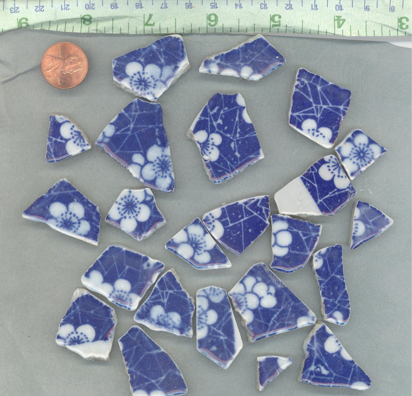 White Flowers on Deep Blue Chunky Floral Mosaic Tiles - Half Pound