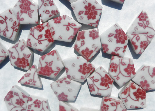 Red and White Dainty Flowers - Chunky Mosaic Porcelain Tiles - Half Pound