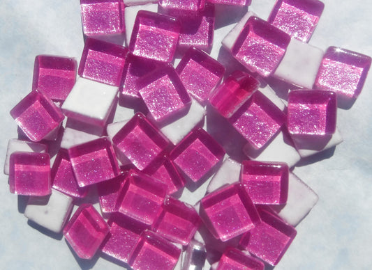 Hot Pink Foil Square Crystal Tiles - 12mm - 50g Metallic Glass Tiles in Deep Cotton Candy Pink - Approx 25 Tiles