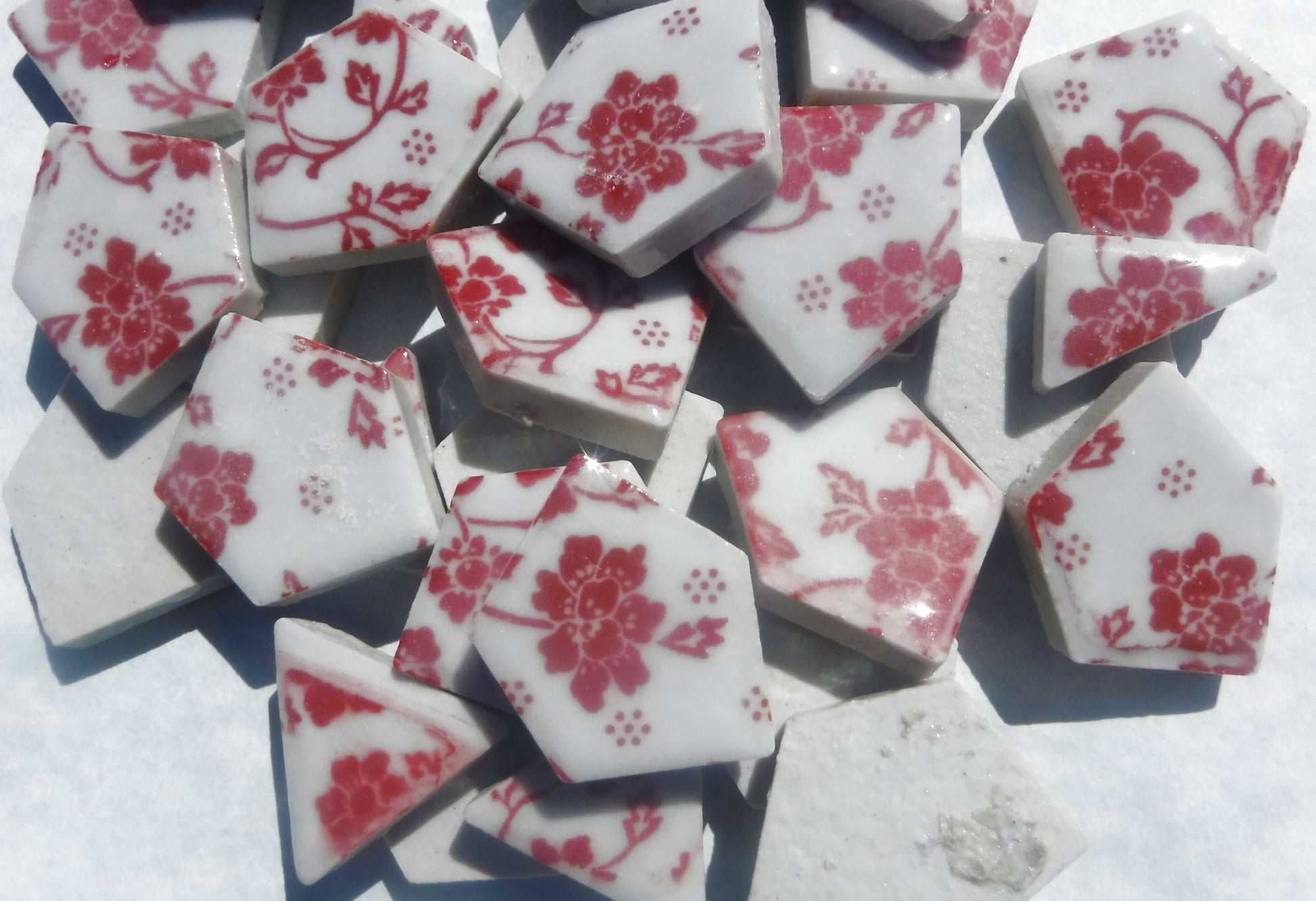 Red and White Dainty Flowers - Chunky Mosaic Porcelain Tiles - Half Pound