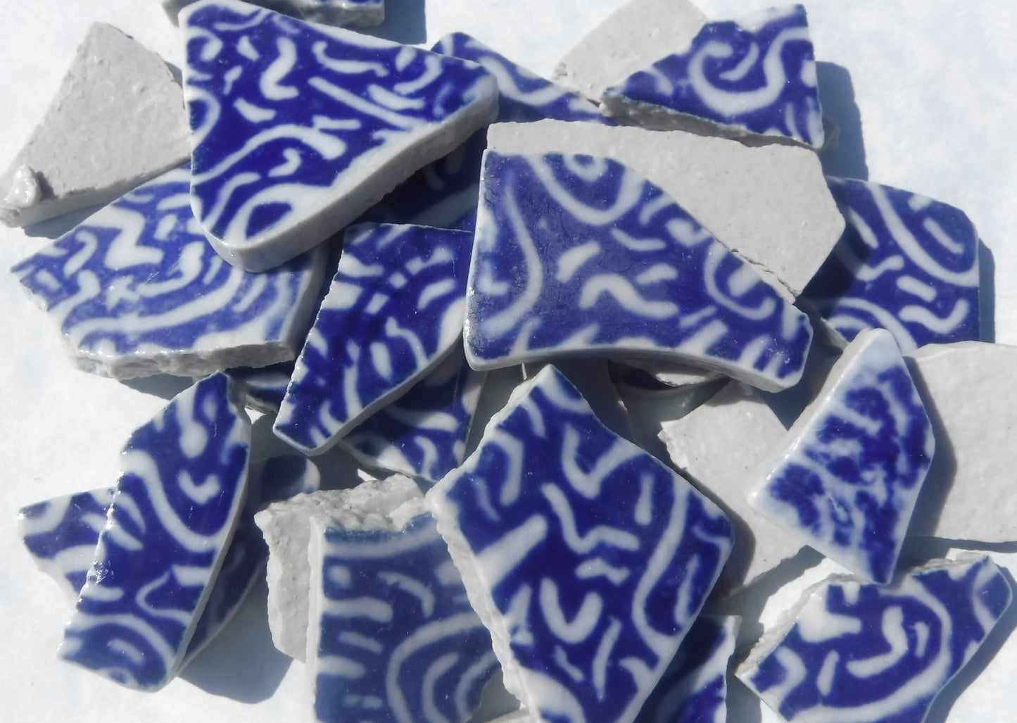 White Squiggles on Deep Blue Chunky Porcelain Mosaic Tiles - Half Pound