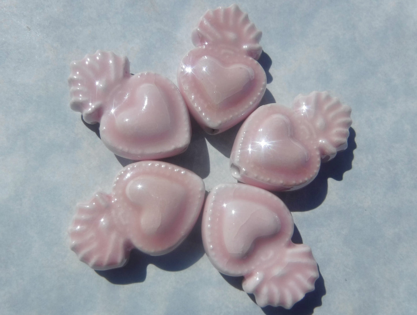 Pink Milagro Heart Beads - Ceramic Mosaic Tiles - Small Sacred Heart Beads - Jewelry Supplies