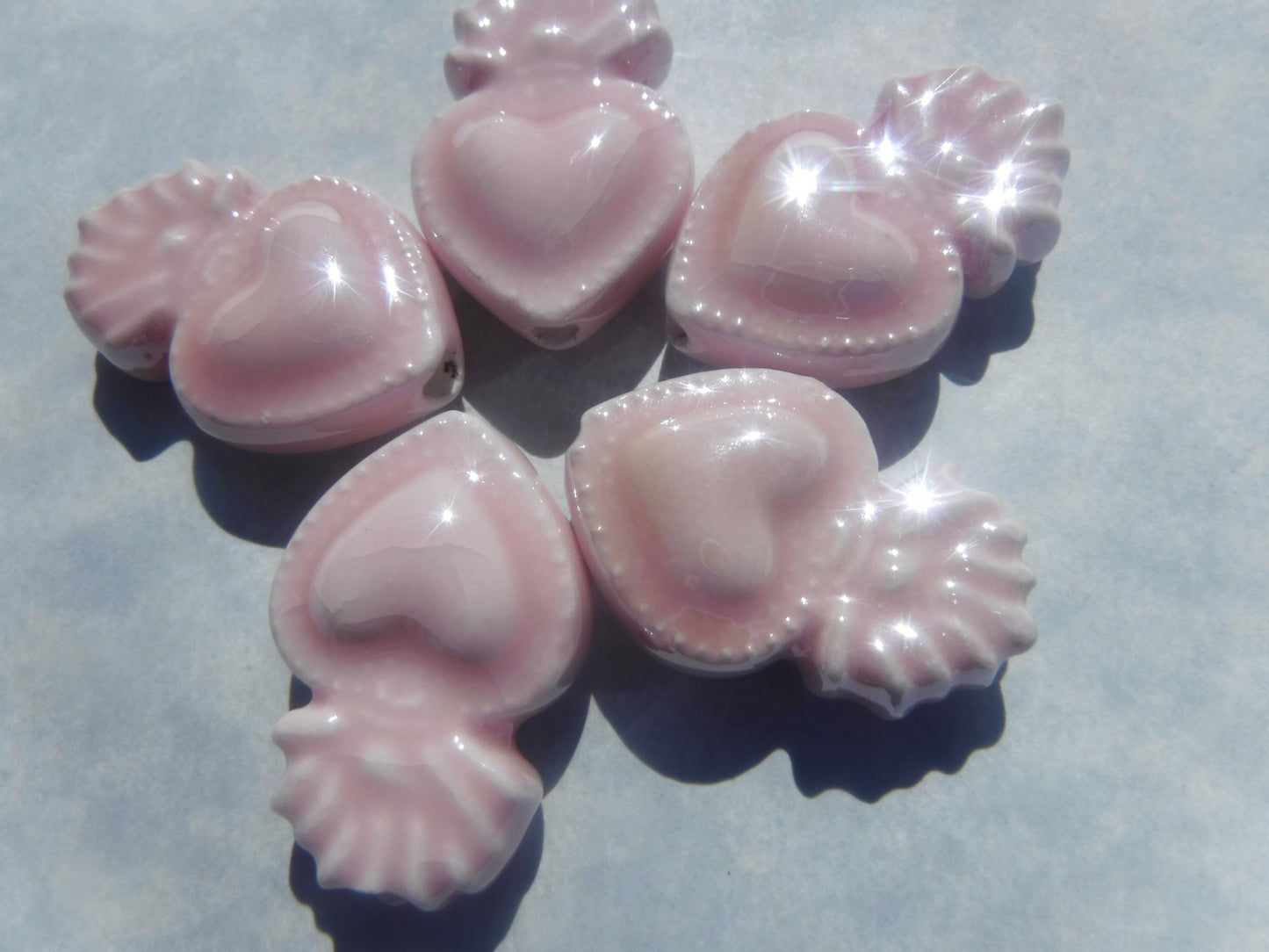 Pink Milagro Heart Beads - Ceramic Mosaic Tiles - Small Sacred Heart Beads - Jewelry Supplies