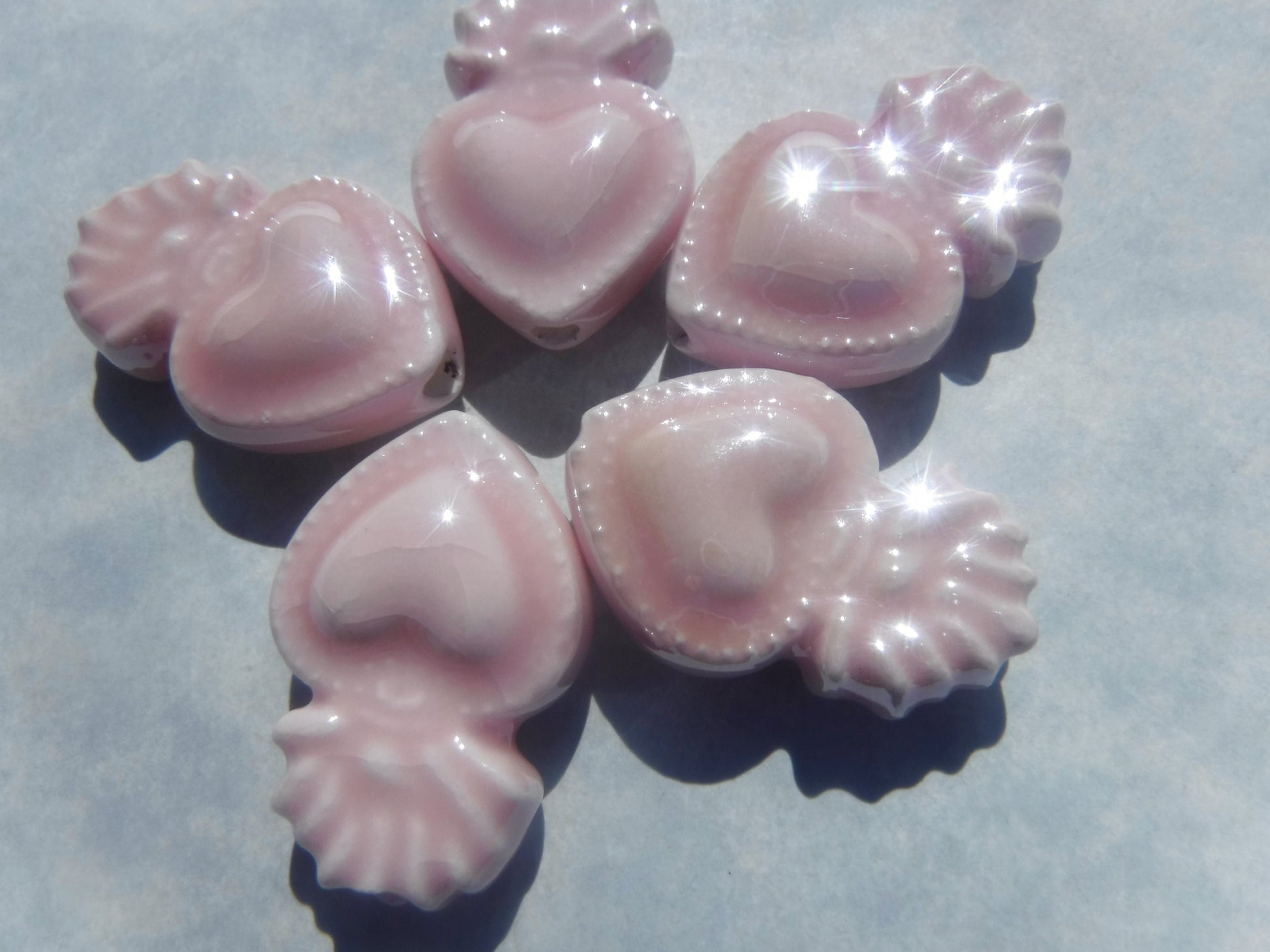 Pink Milagro Heart Beads - Ceramic Mosaic Tiles - Small Sacred Heart Beads - Jewelry Supplies