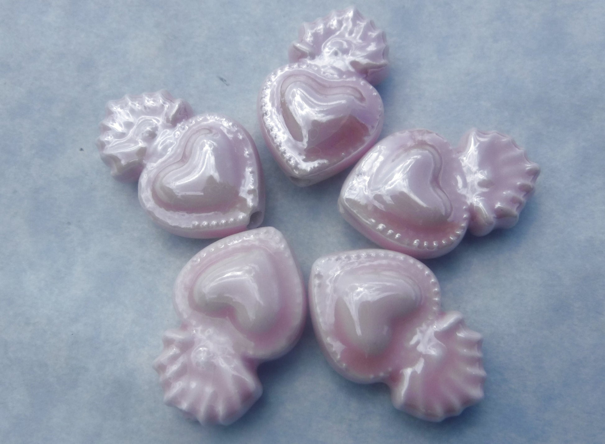 Pink Milagro Heart Beads - Ceramic Mosaic Tiles - Small Sacred Heart Beads - Jewelry Supplies