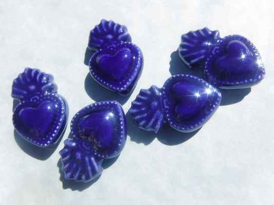 Dark Blue Milagro Heart Beads - Ceramic Mosaic Tiles - Small Sacred Heart Beads - Jewelry Supplies